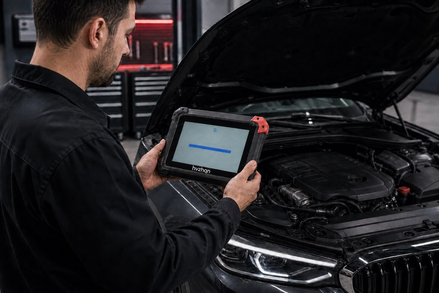 Mechaniker diagnostiziert ein Fahrzeug mit dem HVZHQN Diagnosegerät